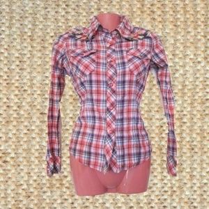 rodeo shirt western top orange plaid size 2xs 0 2